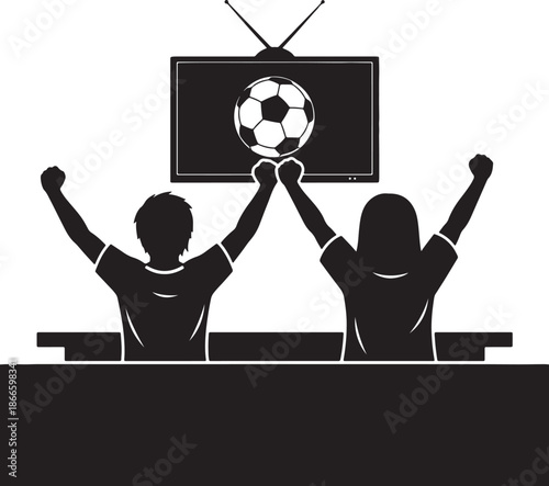 Two Silhouetted People Celebrating in Front of a Television Showing a Soccer Ball also transparent background 1