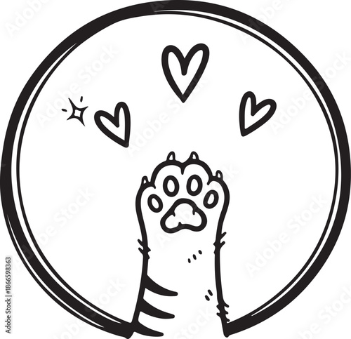 Cute cat paw reaching up with loving hearts and a sparkle in a simple circular frame