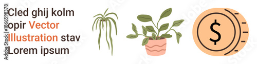 Finance, savings, eco-friendly living, interior design, decoration, greenery. Minimalistic coin icon, houseplants in pots simple text. Finance and eco-friendly living concept