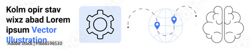 Gear symbol for process, globe with location pins for connectivity, brain outline for innovation. Ideal for technology, brainstorming, strategy, global business, navigation, education simple landing