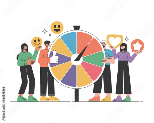 Diverse group engages with a gamified spin wheel, gathering feedback and expressing reactions like smiles, thumbs up, and hearts