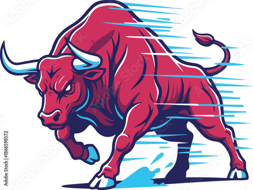 Powerful red bull mascot charging forward with dynamic speed lines and a determined expression