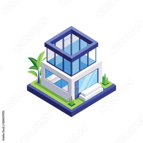 Modern house with glass windows and green plants