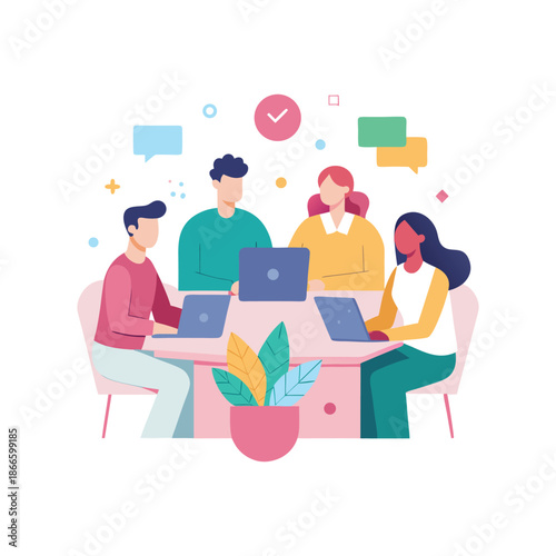 Team Collaboration Meeting with Laptops and Plant