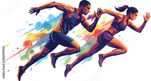 Athletic man and woman sprinting together with colorful paint splash effects in vibrant style