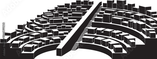 Black and white abstract city architecture with blocks and stairs perspective view