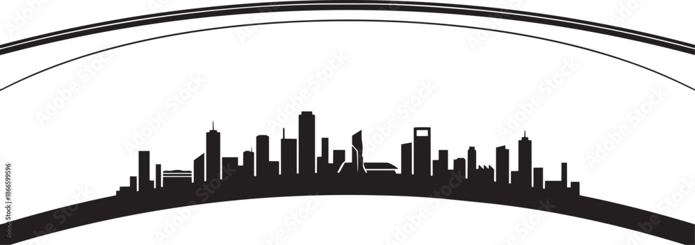Obraz premium Curved urban skyline silhouette graphic element with sweeping lines backdrop