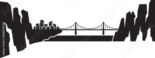 Cityscape silhouette with a bridge connecting two landmasses framed by rocky mountains
