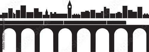 Cityscape with tall clock tower over arched viaduct structure silhouette design