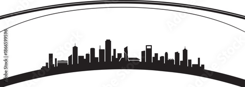 Curved urban skyline silhouette graphic element with sweeping lines backdrop