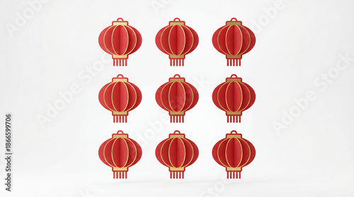 Red lantern pattern on white background. Set of lantern icons for Chinese New Year greeting, lantern decor for Lantern Festival posters, cards, packaging, minimal paper craft style, copy space