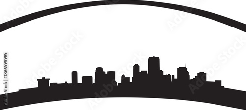 Modern city skyline silhouette under large arch structure with contemporary buildings
