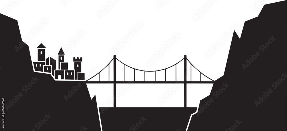 Obraz premium Suspension bridge connecting ancient castle city across deep canyon with rocky cliffs