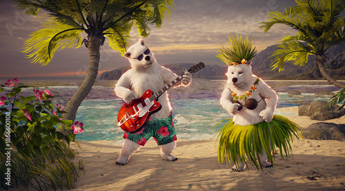 Romantic Polar Bears on Tropical Beach: Hawaiian Sunset Party with Guitar & Hula Dance. Perfect for Vacation, Love, Valentine's Day.