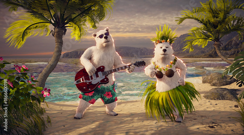 Romantic Polar Bears on Tropical Beach: Hawaiian Sunset Party with Guitar & Hula Dance. Perfect for Vacation, Love, Valentine's Day.