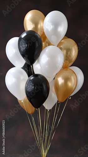 A garland of shiny gold and white balls is placed on a dark surface, creating a festive look for decoration