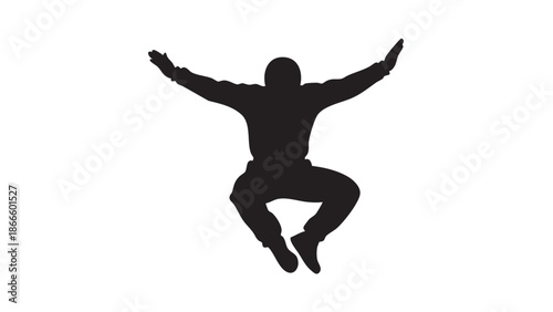 A person jumping with arms outstretched in a joyful pose against a plain white background