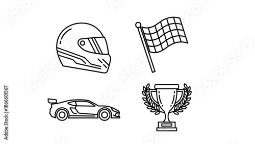 Racing Icons Helmet Car Flag Trophy - Vector Graphics.