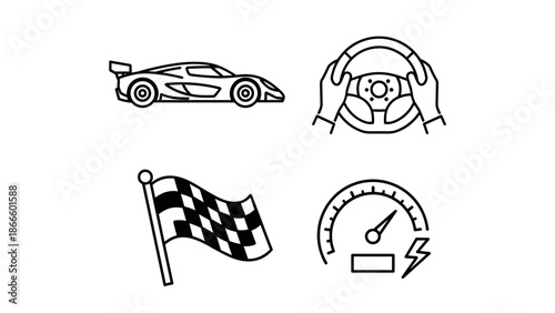 Racing Icons Sports Car Steering Wheel Checkered Flag Speedometer.