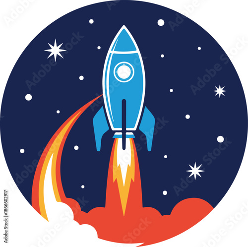 A vibrant blue rocket launching into the starry night sky with fiery exhaust, symbolizing progress