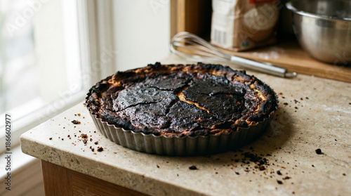 Burnt pie cools on countertop. Homemade pie disaster with cracked pie top in pan for thanksgiving, christmas baking, real food fail with crumbs, whisk, cozy kitchen copy space concept