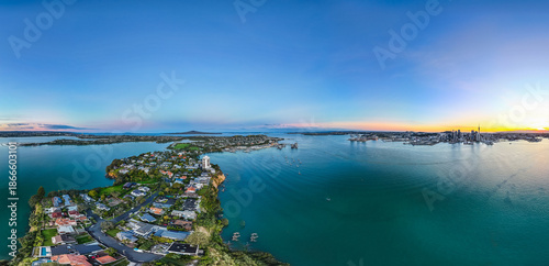 Aerial Panoramic View of Auckland Coastal Harbor, New Zealand