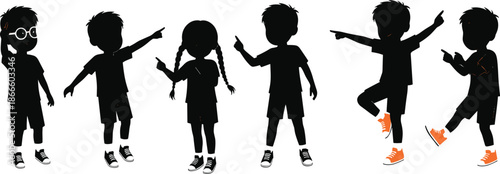 Children silhouette vector, expressive poses, pointing kids illustration, black figures art, orange sneakers highlight, childhood activity concept, motion design