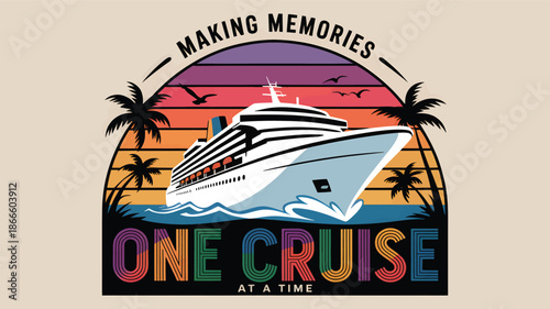 Making memories one cruise at a time amidst a vibrant sunset and tropical palms Vector