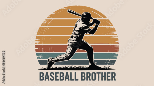 Vintage baseball brother silhouette ready to hit a home run at sunset Vector