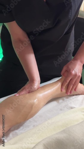 Female massage therapist performing foot massage with oil for male client in professional spa environment