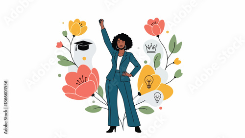 Illustration of a confident woman in a teal suit with one arm raised in celebration surrounded by colorful flowers and symbols on a white background.