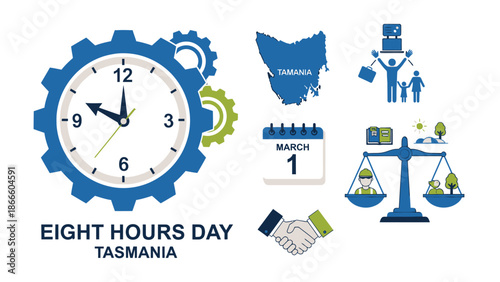 Eight Hours Day Tasmania Celebration with Clock and Map gears calendar