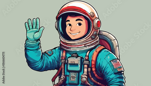 Astronaut Cartoon Character Waving Hand in Space Suit.