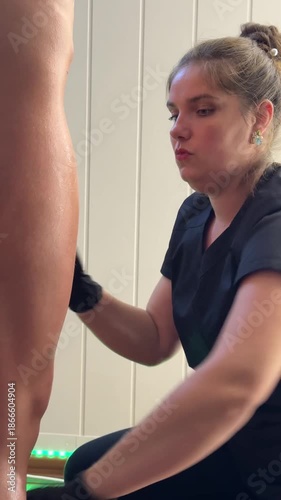 Therapist massaging client’s legs during body care procedure, medium close-up angle