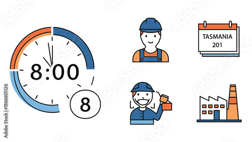 Workers clocking in at factory with time card and building 8:00