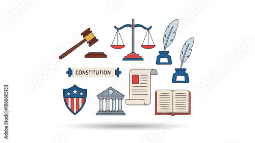 Legal and constitutional symbols with gavel scales quill and book inkwell