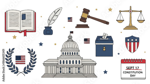 Of U S Constitution Day with book, quill, gavel, scales, capitol, ballot box, shield, and calendar