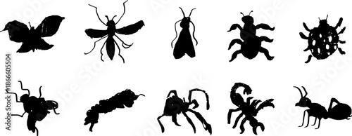 Vector set of 10 hand-drawn naive style insect silhouettes: butterfly, ant, spider, scorpion, and bugs