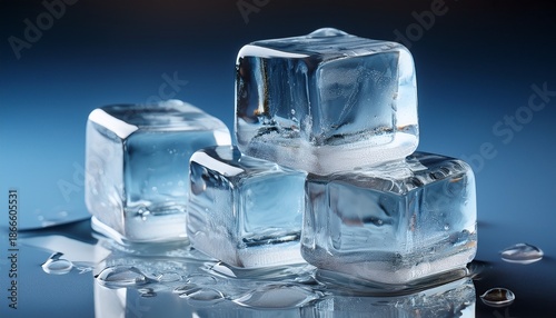 Stacked Clear Ice Cubes Partially Melting