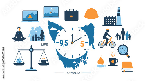 Clock with Tasmania map and lifestyle around it balance