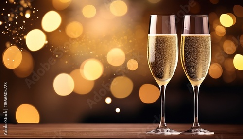 Two Champagne Glasses On A Table With Bokeh Background