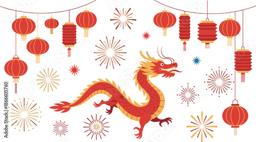Vibrant red dragon surrounded by hanging lanterns and festive fireworks decorations