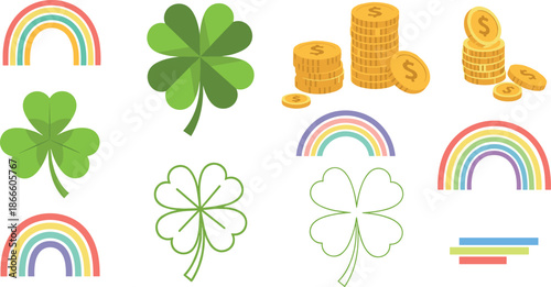 St patricks day icons including clover, rainbow, and gold coins