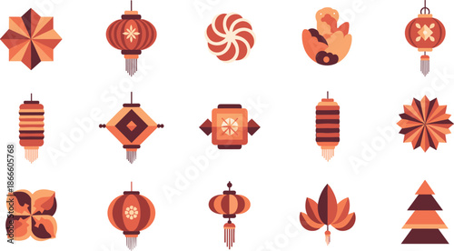 Collection of various red chinese lanterns and decorations