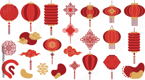 Collection of red chinese new year decorations and lanterns