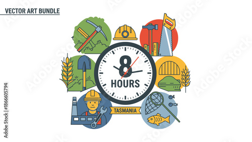 Colorful clock with eight hours surrounded by work and leisure