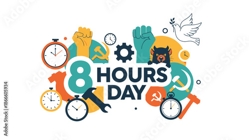 Colorful of eight hour workday with clocks and tools hours
