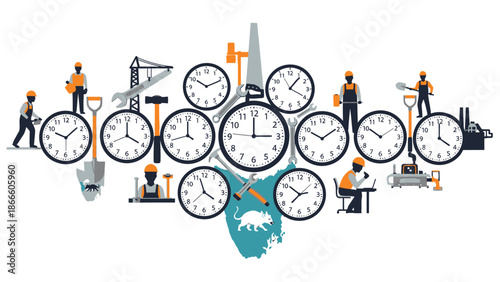 Construction workers and clocks with tools and equipment