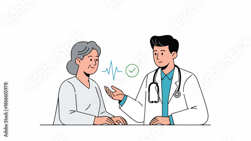 Illustration of a doctor and patient in a consultation with a stethoscope and heartbeat line in a simple style.
