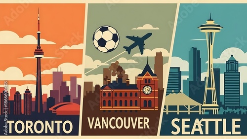 Vintage Travel Poster Cities Vector - Toronto Vancouver Seattle Skyline World Cup 2026 Retro Tourism Flat Color Football Illustration